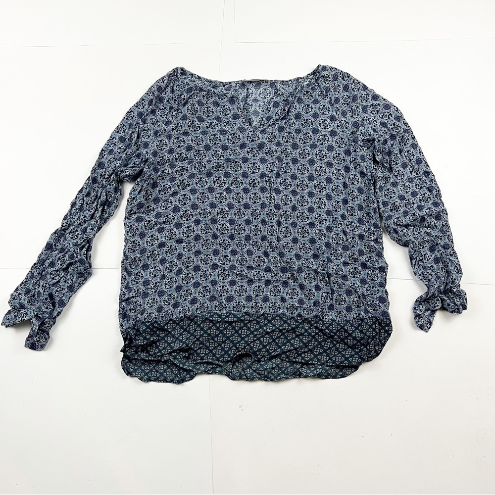 J Jill Floral Blue Boho Gathered Sleeve Top Size Large